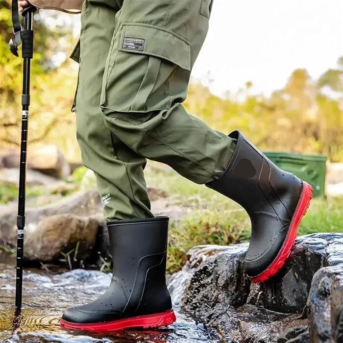 Чоловіче гумове взуття, водонепроникні гумові чоботи, чоловіче взуття, зносостійкі пластикові гумові чоботи, на низькому каблуці, чорно-червоні туфлі, розмір 41 EU
