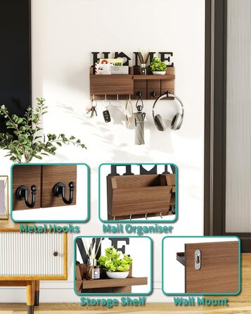Ключниця HapiRm з декором HOME, дерев'яна ключниця з 7 гачками для ключів, ключниця з полицею Підходить для вхідної зони, вхідних