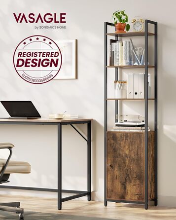 Книжкова полиця VASAGLE, 6 ярусів, полиця, окремостояча полиця з дверцятами, металевий каркас, регульовані полиці, 24 x 40 x 159,5 см, для вітальні, спальні, вінтажний коричневий-чорний LLS132K01 40B см Вінтажний коричневий чорнильний