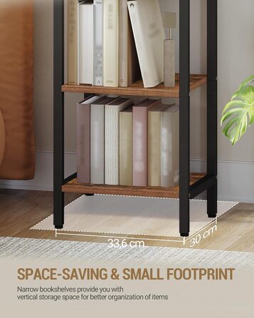 Полиця Hzuaneri, книжкова шафа, 7-ярусна полиця, полиця для DVD, вузькі полиці, офісна полиця в індустріальному стилі, металевий каркас для вітальні, спальні, кухні, вінтажний коричнево-чорний BC57001B 30 x 33,6 x 208,5 см, вінтажний коричнево-чорний