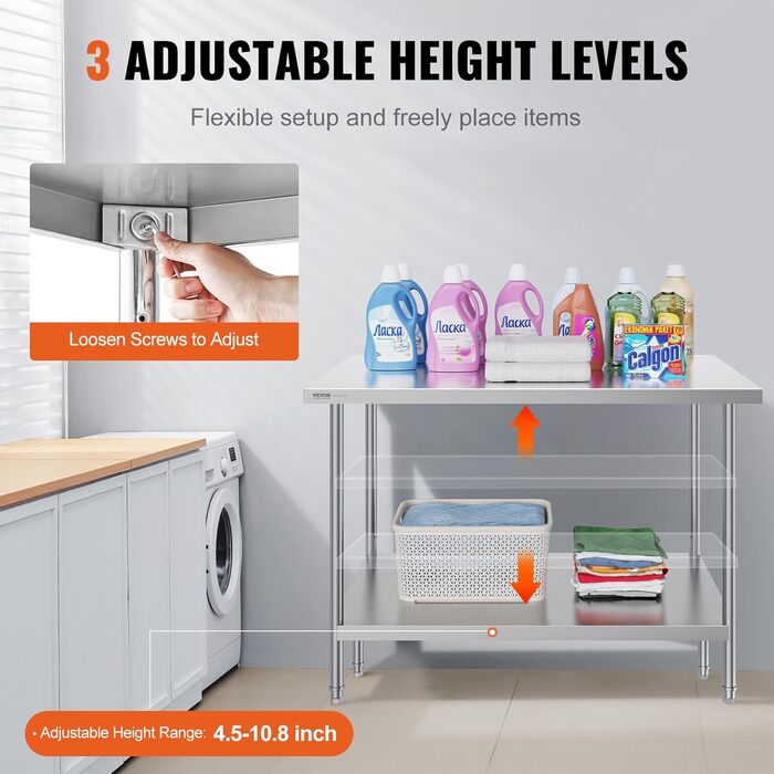 Кухонний робочий стіл з нержавіючої сталі VEVOR, стіл з нержавіючої сталі з 4 універсальними колесами, кухонний стіл для підготовчих робіт на кухні, 76 x 122 x 86 см (762 x 1219 x 864 мм)