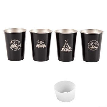 Кемпінгові кружки з нержавіючої сталі 304, набір з 4 предметів, 350 мл, кавові кружки для активного відпочинку на природі з силіконовим чохлом та сумкою для зберігання для походів, подорожей з рюкзаком, пікніків (чорні) (350 мл)