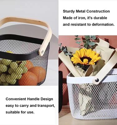 Дротяний кошик з ручкою, кошик для перенесення в стилі лофт, кошики для садового врожаю, квадратний кошик для зберігання, для ванної кімнати, кухні, пікніка, 2 предмети, 18 x 24,5 x 24,5 см (чорний)