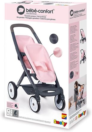 Коляска для двійні - для ляльок та ляльок - безшумні та різноспрямовані колеса - кошик для зберігання - 253216 Рожевий