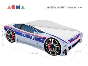 Дитяче ліжко-автомобіль ACMA, дизайн Police, із захистом від падіння, рейковою основою та матрацом (Police 3, 160x80 см ім&39я) 160x80 см ім&39я Police 3