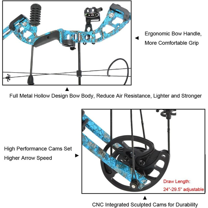 Набір складених луків SHARROW – мисливський лук 30–55 lb, регульований з стрілами, спортивний лук для дорослих, лівий/правий, синій