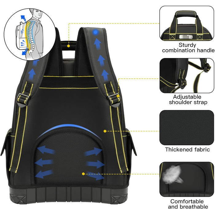 Рюкзак для інструментів 43 см, рюкзак для інструментів з гумовим дном, міцний 1680D, ергономічна спинка, для електриків, сантехніків, ремонтників рюкзак для інструментів