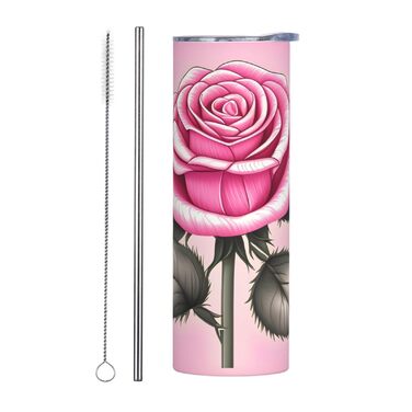 Кухоль з прямою трубочкою, красиві рожеві троянди, принт, дорожній кухоль, підходить для кемпінгу, офісу та дому, 590 мл