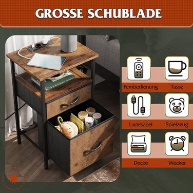 Приліжкова тумба WLIVE з функцією зарядки, бічний столик з 2 USB-портами та 2 розетками, 3-ярусна тумба для спальні, вітальні, офісу (колір рустик-коричневий)