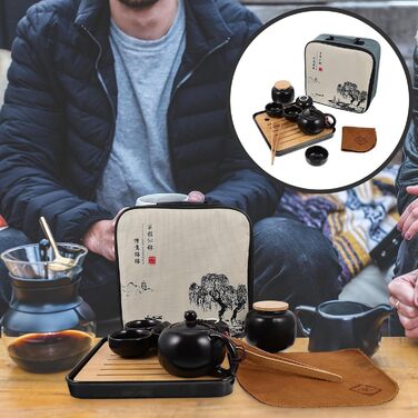 Портативний чайний набір Кунг-Фу для подорожей, керамічний, чорний, з підносом, нековзкий та ударостійкий, для дому та активного відпочинку