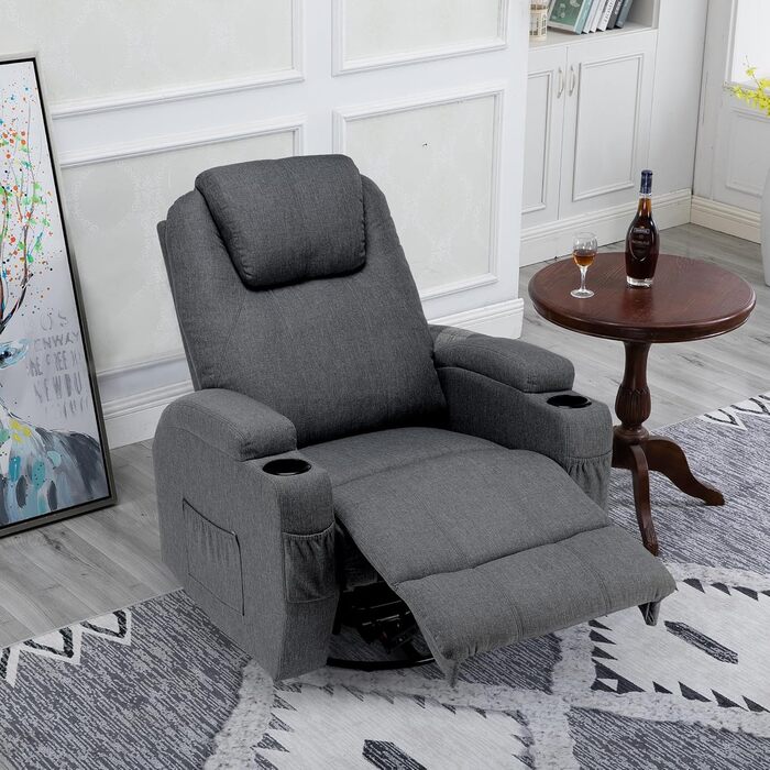 Крісло для телевізора, відкидне крісло, масажне крісло з функцією підігріву та вібрації, пульт дистанційного керування, поворот на 360, лляно-сірий колір