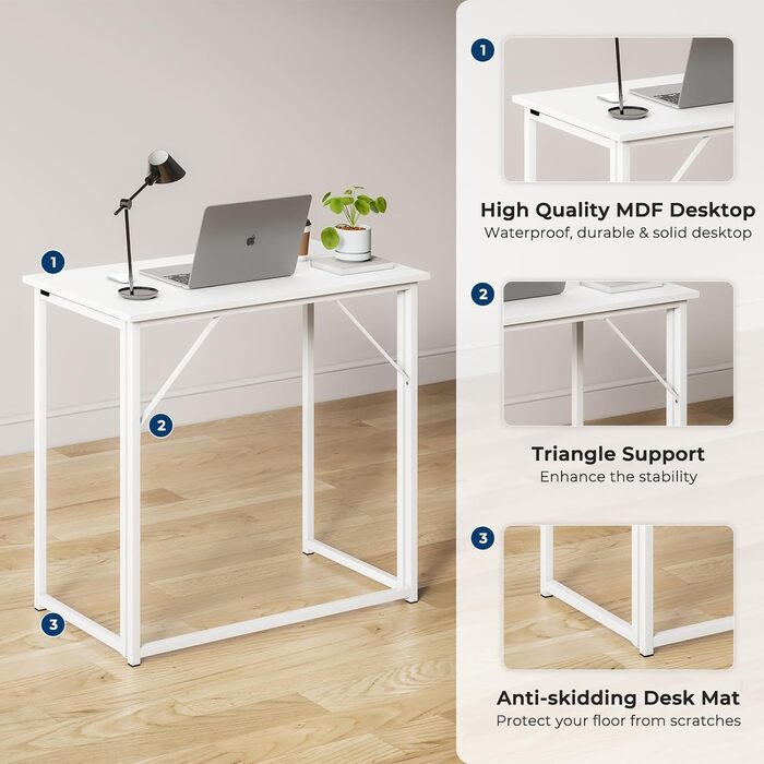 Складаний стіл Dripex, Складаний стіл 80 x 46 x 74 см, Невеликий складний комп&39ютерний стіл, Компактний стіл для домашнього офісу, кабінету, ПК (Білий - Потрібне складання)