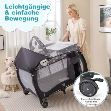 Складане дорожнє ліжечко 102 x 72 см, дитяче ліжечко з матрацом, колесами, москітною сіткою та пеленальний килимок, дитяче ліжечко 3 в 1 для новонароджених та дітей 0-36 місяців (сіре)