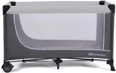 Дитяче ліжечко Kinderkraft LEODY зі спальним місцем 120 x 60 см, регульоване по висоті, з колесами, швидко та легко складається та розкладається, забезпечує циркуляцію повітря, легко транспортується з сумкою для перенесення, сірого кольору.