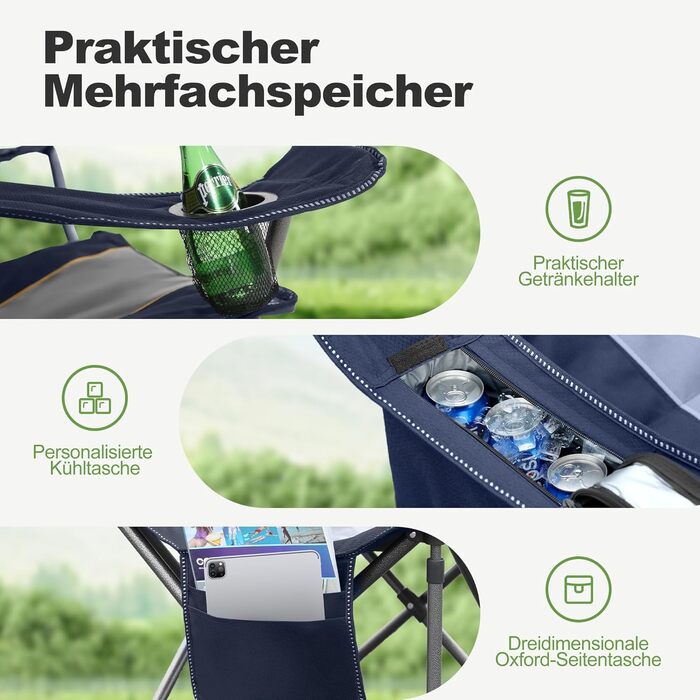 Крісло для кемпінгу LET&39S CAMP, складне крісло, велике рибальське крісло з тримачами для напоїв, сумка-холодильник, вуличне крісло, витримує до 200 кг, синє