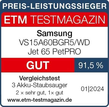 Акумуляторний пилосос Samsung Jet 65 PetPRO, 150 Вт, в комплекті щітка для шерсті та інші аксесуари, сріблястий, VS15A60BGR5/WD 15
