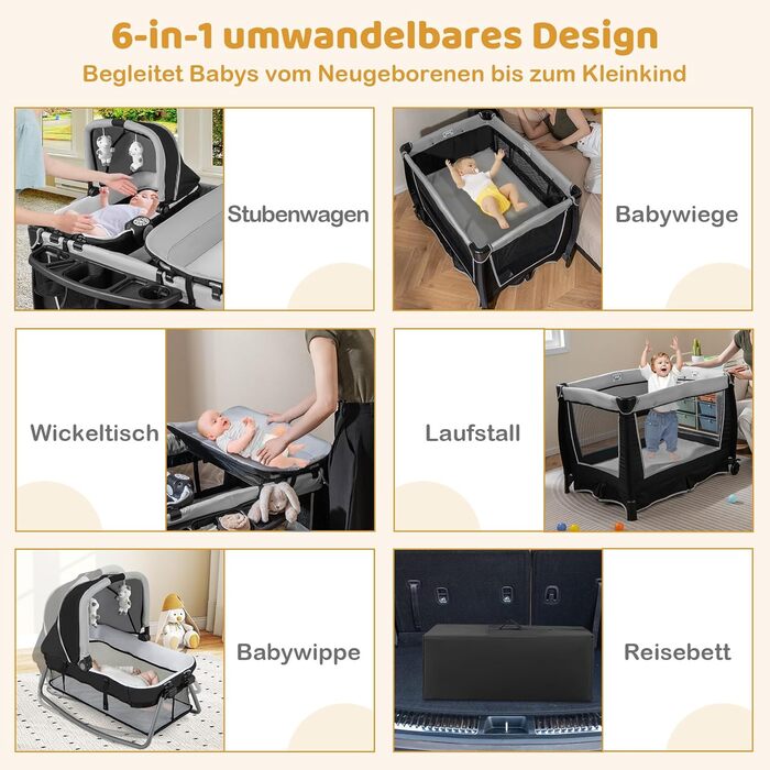 Ліжечко-дорожнє COSTWAY 6-в-1 з матрацом, портативна дитяча колиска з регульованим балдахіном, складне дитяче ліжко/спальне місце з пеленальний килимок, музичний мобіль та сумка для перенесення для дітей до 3 років, вантажопідйомність 15 кг (сірий) (1 упа