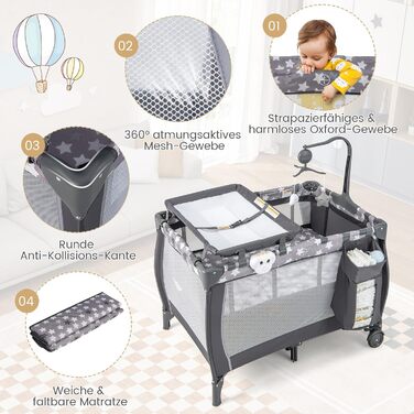Складане дитяче ліжечко COSTWAY 3 в 1, 2-рівневе дорожнє ліжечко зі складним матрацом, пеленальний килимок, музичний мобіль, ігрова арка та сумка для перенесення, бічний ліжечко з колесами для дитини до 3 років (темно-сірий)
