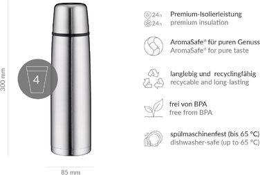 Л, термопляшка з нержавіючої сталі з чашкою для пиття, повністю герметична з кришкою, що закручується, зберігає напої гарячими, не залишає відбитків пальців, довговічна, можна мити в посудомийній машині, без BPA, 1000 мл, 1.0