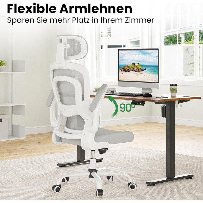 Ергономічне офісне крісло Farini з регульованим підголівником, крісло керівника з підлокітниками, ігрове крісло на колесах, світло-сіре з підголівником