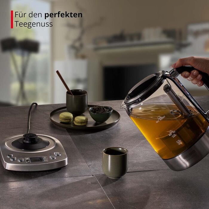 Електричний чайник з налаштуванням температури та автоматичним опусканням вставки ситечка, виготовлений зі скла з функцією збереження тепла, налаштуванням часу заварювання та світлодіодним світлом, адаптованим до сортів чаю, 170 TWE