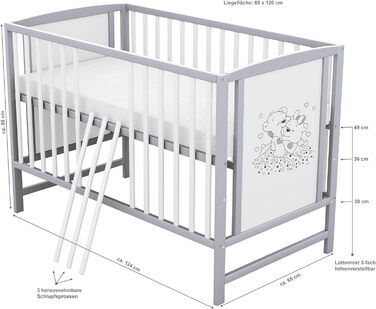 Дитяче ліжечко Baby Delux 60x120 біло-сіре з матрацом ведмежий мотив з перекладинами