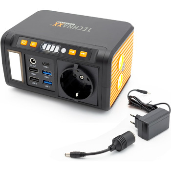 Міні-зарядна станція Technaxx TX-205 зі світлодіодною панеллю, лампою, 5 портами USB - 74 Втгод, портативним зарядним пристроєм 230 В з вбудованим розетком для ноутбука, мобільного телефону, міні-холодильника тощо, сумісна із сонячними зарядними пристроям