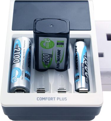 Зарядний пристрій ANSMANN Comfort Plus для акумуляторів типу AA, AAA та 9V з 3-контактним штекером для Великої Британії, швидка зарядка та швидке тестування ємності