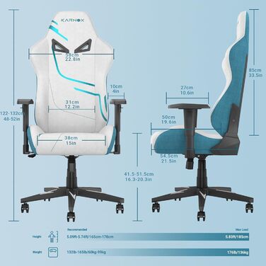 Ергономічне ігрове крісло з тканинним чохлом та 4D підлокітниками регулювання висоти, підтримка голови та попереку, функція нахилу 90-155, біло-синій колір. Розміри 132 см x 54,5 см x 50 см