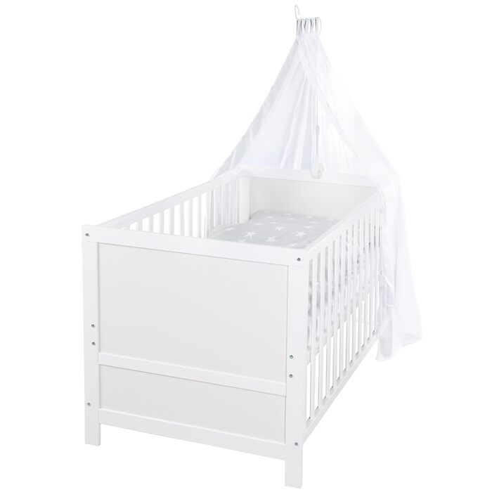 Дитяче ліжко roba Combi 70 x 140 - Ліжечко з 3 регулюваннями висоти - 3 знімні перекладини - Трансформоване дитяче ліжко в юніорське ліжко - Біле дерево