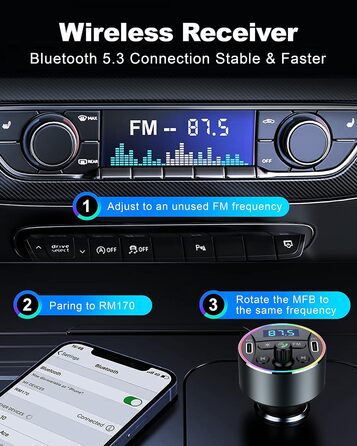 Передавач автомобільний, Dual PD 40 Вт Type-C USB автомобільний швидкий зарядний пристрій, дзвінки в режимі гучного зв'язку, бездротовий автомобільний адаптер Bluetooth з мікрофоном, музичний плеєр HiFi звук MP3 Аудіоприймач автомобільного радіо, 5.3 FM-