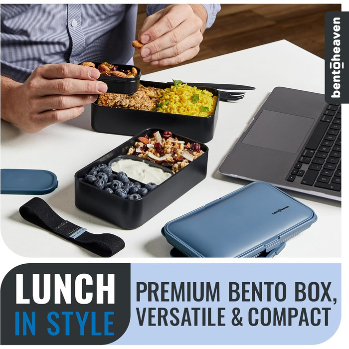 Преміум бенто-ланчбокс у 8 сучасних кольорах, 2 відділення, герметичний, з контейнером для соусу, перегородкою, японська бенто-скринька для дорослих та дітей, безпечний для мікрохвильової печі та посудомийної машини, блакитний