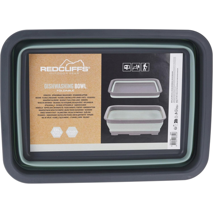 Миска для миття посуду Redcliffs 37x27x12 см 8 л Пластикова складна прямокутна - Складана миска для кемпінгу - Компактна миска - Кемпінгова миска - Сіро-зелена