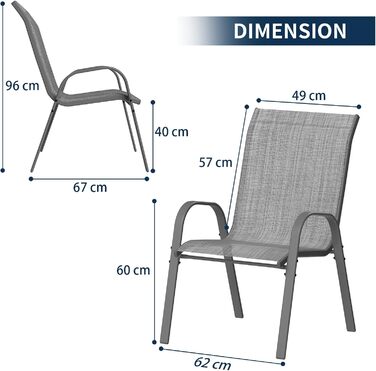 Набір з 4 садових стільців Amopatio, штабельовані, стільці з високою спинкою з текстильу та металевого каркасу, стільці для патіо Балконний стілець з підлокітниками атмосферостійка, 62 x 67 x 96 см, антрацит 4 предмети сірий