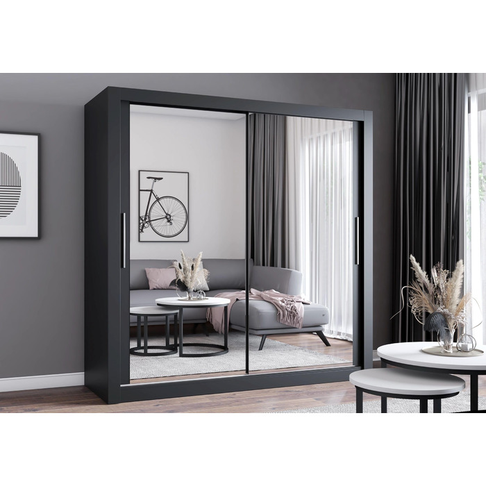 Шафа з дзеркалом - Шафа з розсувними дверима - Шафа для спальні - 64 x 203 x 215 см - Шафа для вітальні - Вішалка для одягу, Шафа з двома дверима, Сучасна 200 см Чорного кольору