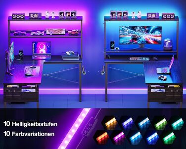 Г-подібний ігровий стіл Coleshome зі світлодіодним освітленням та розетками, 135 x 100 см, двосторонній ігровий стіл з полицями, кутовий стіл із сумкою для зберігання для домашнього офісу та ігор, чорний.