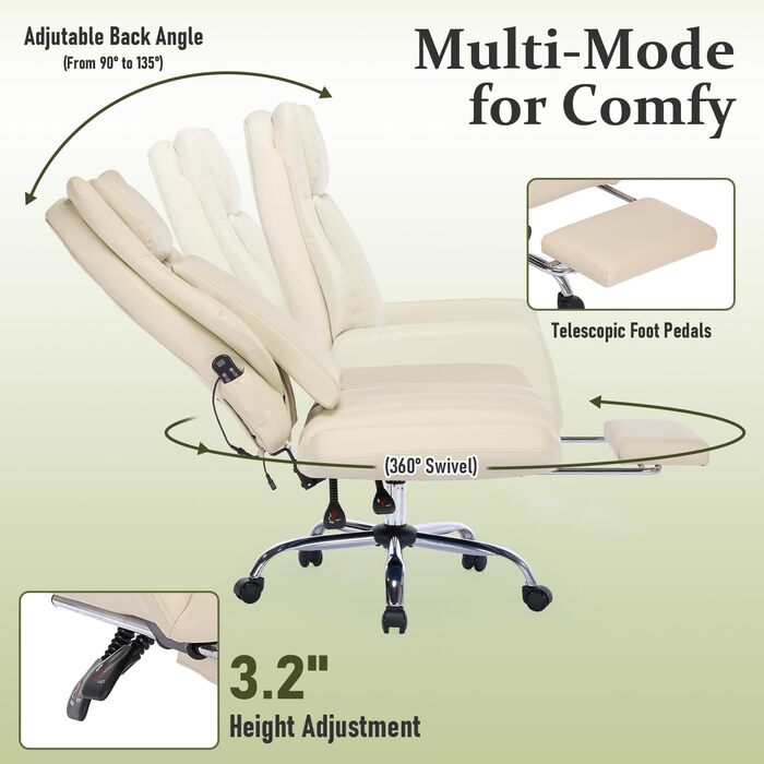 Ергономічне офісне крісло ALEAVIC зі складними підлокітниками, крісло керівника з масажем та висувною підставкою для ніг, для домашнього офісу, ігрове (бежеве)