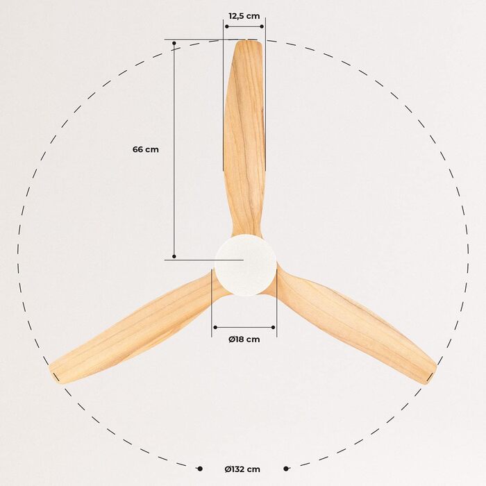 Стельовий вентилятор з підсвічуванням Біле крило з натурального дерева з пультом дистанційного керування / 40 Вт, тихий, Ø132 см, 6 швидкостей, таймер, двигун постійного струму, літо-зимова робота з легким крилом з натурального дерева