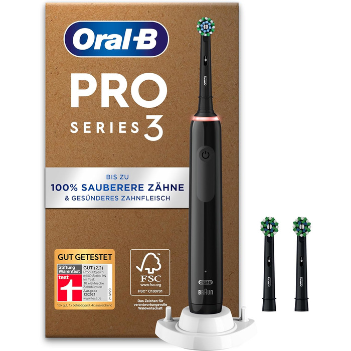 Електрична зубна щітка Oral-B Pro Series 3 Plus Edition, 3 щітки, з візуальним регулюванням тиску на 360 для догляду за зубами, упаковка, що підлягає переробці, дизайн Brown, Black Pro 3 3000 (Plus Edition)