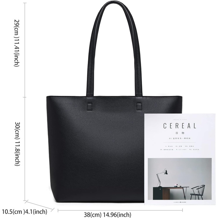 Жіночі сумки з ручкою, прості сумки PU шкіряні сумки для роботи, школи, шопінгу на блискавці та внутрішньою кишенею чорні
