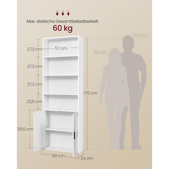 Колекція Custos - Книжкова полиця, висока 6-ярусна, окремостояча полиця з дверцятами, відкрита полиця для зберігання, 24 x 60 x 175 см, для вітальні, домашнього офісу, їдальні, хмарно-білий LBC402W01 60B см хмарно-білий