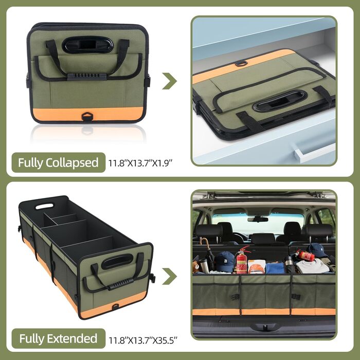 Органайзер для багажника авто, міцний органайзер для зберігання з антиковзним покриттям, об'єм 95 л, вантажний органайзер для позашляховиків, пікапів, седанів, водонепроникний, портативний, зелено-помаранчевий