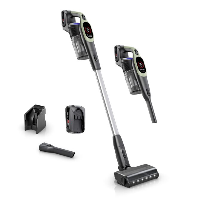 Акумуляторний пилосос Bosch Unlimited 9 BBS921TBA, бездротовий, MicroClean Technology, дисплей, компресія пилу, HEPA-фільтр, 10 років гарантії на двигун, змінний акумулятор, LED-підсвітка, щілина для вузьких місць, зелений
