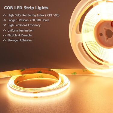 Світлодіодна стрічка GOMING 24 В COB 4000K Світлодіодна стрічка 312LED/M Світлодіодна стрічка самоклеюча CRI 93 Висока яскравість 6300 лм Неводонепроникна світлодіодна стрічка IP20 для прикраси внутрішнього будинку (тільки стрічка) (теплий білий, 5 м)