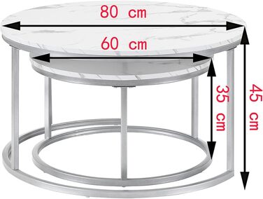 Круглий журнальний столик з мармуру Hitsuki, білий столик для вітальні, комплект із 2 круглих журнальних столиків, срібний бічний столик з металевим каркасом, столик для вітальні, білий мармур та срібний журнальний столик