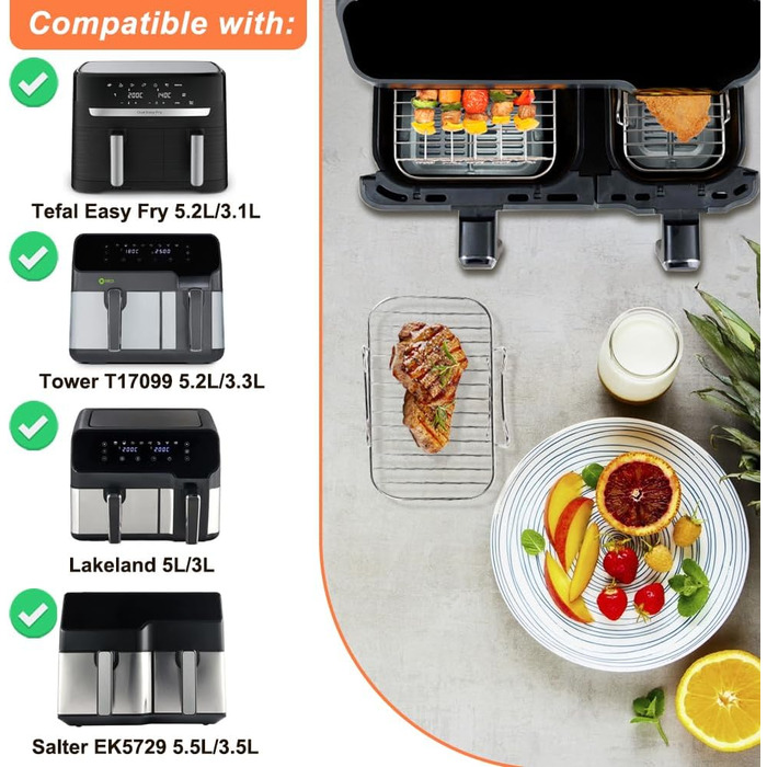 Аксесуари для фритюрниці BYKITCHEN для серії Philips Dual Basket 3000, 9 л/Tefal 5.2/3.1 л Easy Fry, 2 шт. Підставка для фритюрниці з 5 шампурами, аксесуари для фритюрниці для Tefal EY9018/Philips NA350/00