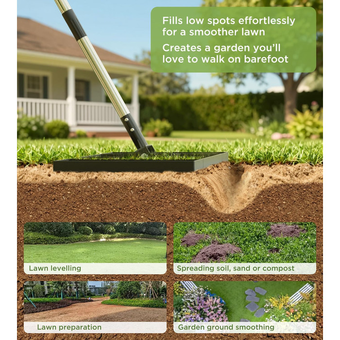 Вирівнювач для газону 75x25 см з регульованою ручкою, граблі-рівняльник з нержавіючою сталевою ручкою 180 см, міцний та енергозберігаючий вирівнювач для саду, подвір'я, гольф-поля, легке вирівнювання піску та ґрунту 75 x 25 см