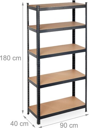 Міцний стелаж Relaxdays 2 шт., вантажопідйомність 875 кг, 5 полиць МДФ, вставний, для підвалу, для гаража, сталь, розміри В/Ш 180 x 90 x 40 см, чорний