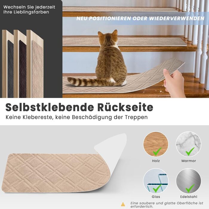 Килимки для сходів, самоклеючі килимки для сходів для приміщень, 15 шт. , протиковзкі, можна різати, багаторазові, для захисту домашніх тварин та людей похилого віку (картований візерунок - бежевий, 55x19 см) 55 см x 19 см картатий візерунок - бежевий