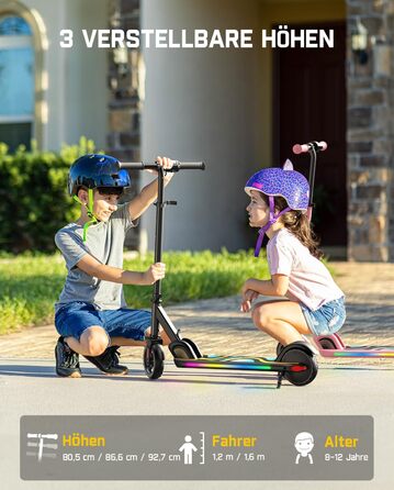 Електричний самокат FanttikRide C9 Pro для дітей 8-12 років, різнокольорові райдужні вогні, 8/12/16 км/год, запас ходу 8 км, світлодіодний дисплей, регульована висота, складаний, для хлопчиків та дівчаток, чорний